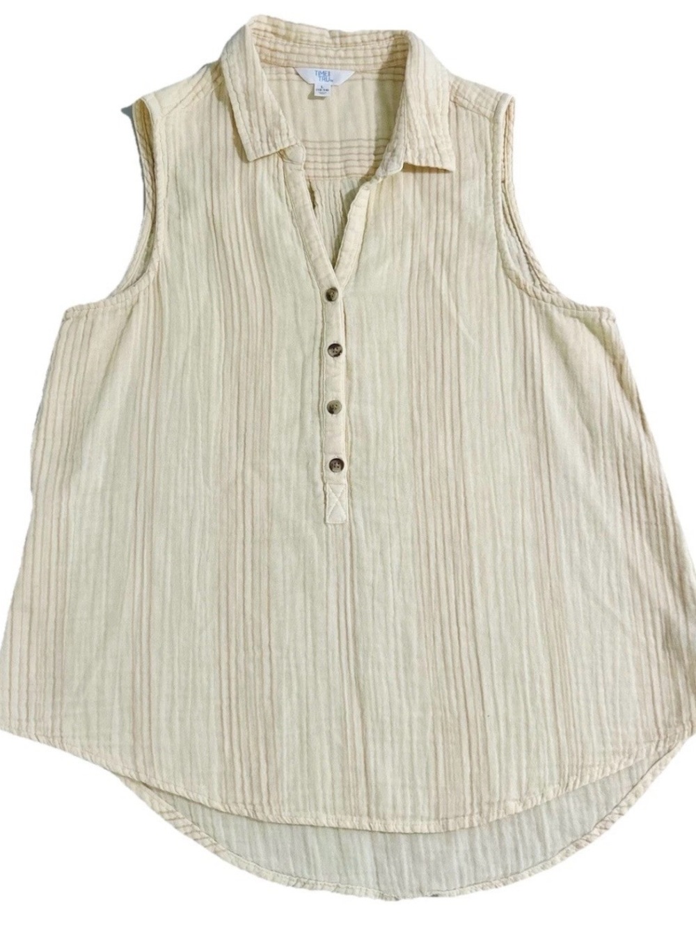 Time and Tru Beige Solid Collared Sleeveless Button-Down Blouse L Cotton MPN